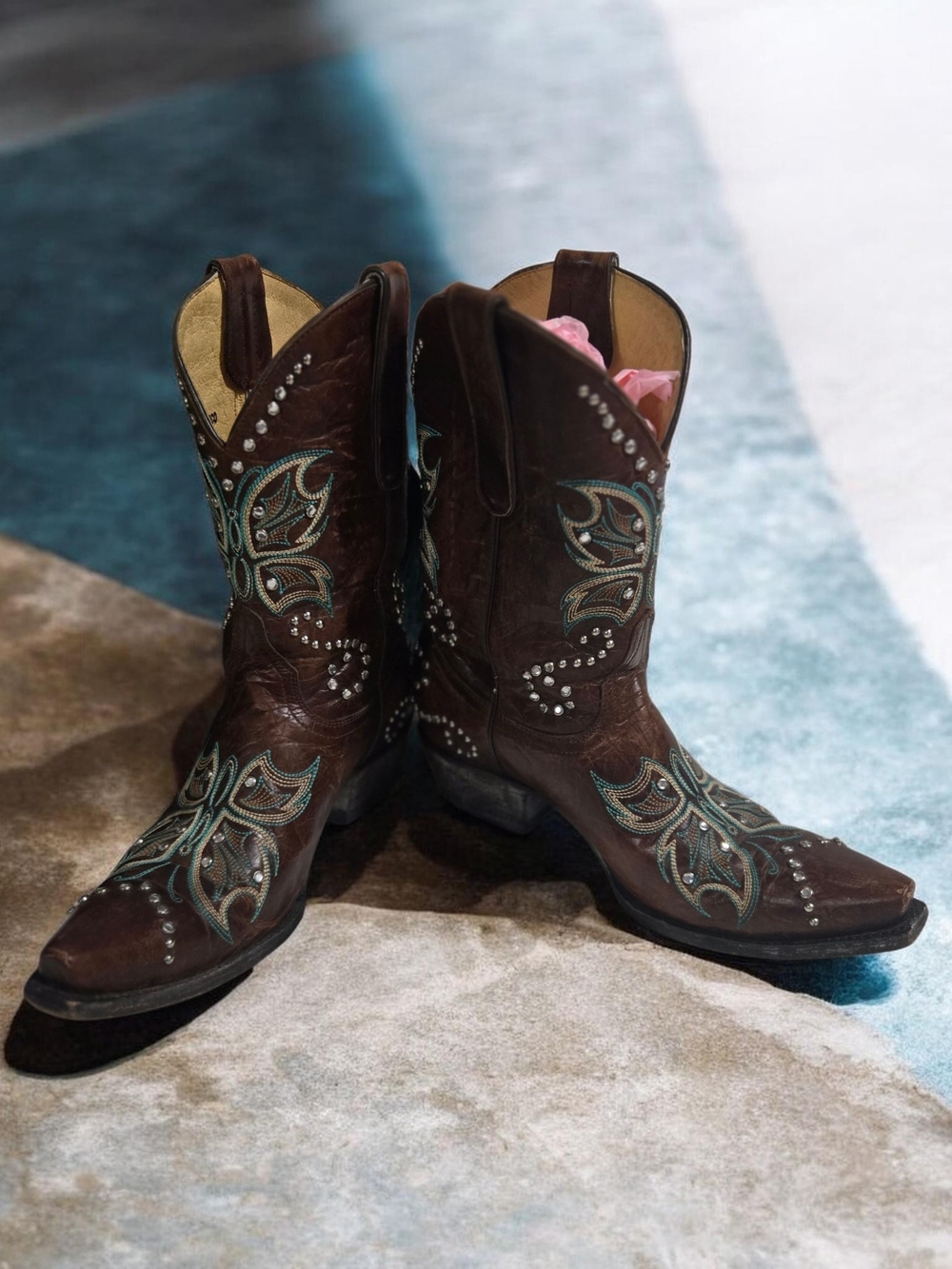 Old Gringo Yippee Kiyay Brown Studded Western Boots with Teal Embroidery EUC